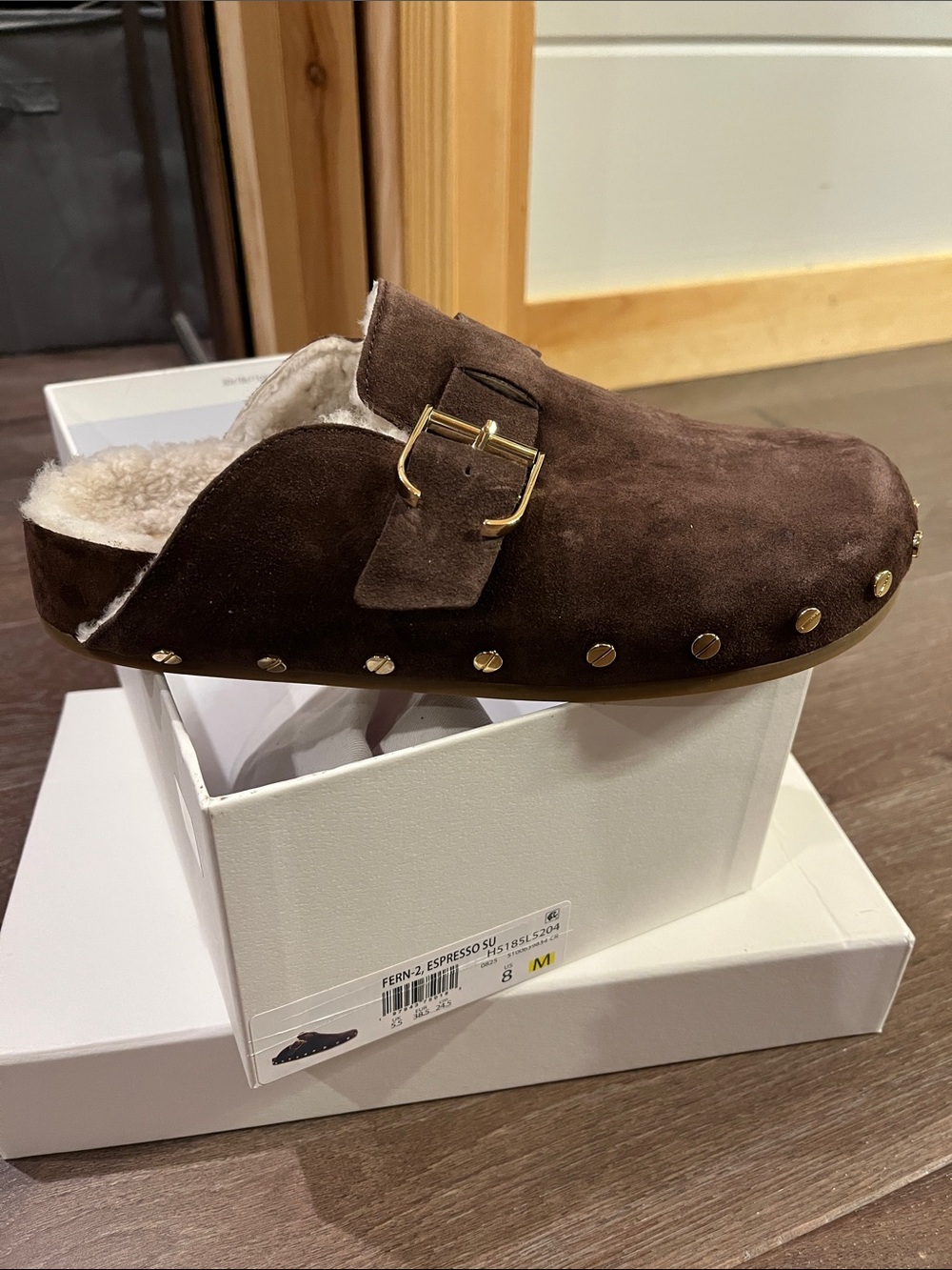 Veronica Beard Dark Brown Suede Shearling Clog Mules with Gold Studs
New in Box